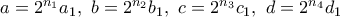 a=2^{n_1}a_1, \ b=2^{n_2}b_1, \ c=2^{n_3}c_1, \ d=2^{n_4}d_1