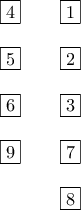\begin{tabular}{ccc} 
\boxed{4} & & \boxed{1} \\ 
& & \\ 
\boxed{5} & & \boxed{2} \\ 
& & \\ 
\boxed{6} & & \boxed{3} \\ 
& & \\ 
\boxed{9} & & \boxed{7} \\ 
& & \\ 
& & \boxed{8} 
\end{tabular}
