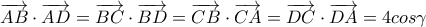 \overrightarrow{AB}\cdot\overrightarrow{AD}=\overrightarrow{BC}\cdot\overrightarrow{BD}=\overrightarrow{CB}\cdot\overrightarrow{CA}=\overrightarrow{DC}\cdot\overrightarrow{DA}=4cos\gamma \overrightarrow{AB}\cdot\overrightarrow{AD}=\overrightarrow{BC}\cdot\overrightarrow{BD}=\overrightarrow{CB}\cdot\overrightarrow{CA}=\overrightarrow{DC}\cdot\overrightarrow{DA}=4cos\gamma