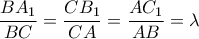 \displaystyle \frac{BA_{1}}{BC}=\frac{CB_{1}}{CA}=\frac{AC_{1}}{AB}=\lambda