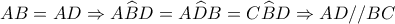 AB = AD \Rightarrow A\widehat BD = A\widehat DB = C\widehat BD \Rightarrow AD//BC
