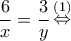 \displaystyle \frac{6}{x} = \frac{3}{y}\mathop  \Leftrightarrow \limits^{(1)} 