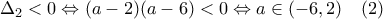 \displaystyle{ \Delta_{2} < 0 \Leftrightarrow (a-2)(a-6) <0 \Leftrightarrow a \in (-6,2) \quad (2) }