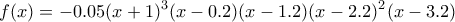 \displaystyle{f(x)=-0.05 (x+1)^3 (x-0.2) (x-1.2) (x-2.2)^2 (x-3.2)} \displaystyle{f(x)=-0.05 (x+1)^3 (x-0.2) (x-1.2) (x-2.2)^2 (x-3.2)}