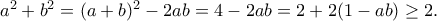 a^2+b^2=(a+b)^2-2ab = 4-2ab = 2 + 2(1-ab)\geq 2 .
