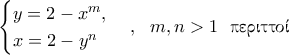 \displaystyle{\begin{cases}y=2-x^m, \\x=2-y^n \end{cases},~~m,n>1 ~~\text {\gr &pi;&epsilon;&rho;&iota;&tau;&tau;&omicron;ί}}