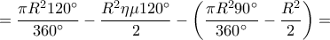 = \displaystyle\frac{{\pi {R^2}{{120}^ \circ }}}{{{{360}^ \circ }}} - \displaystyle\frac{{{R^2}\eta \mu {{120}^ \circ }}}{2} - \left( {\displaystyle\frac{{\pi {R^2}{{90}^ \circ }}}{{{{360}^ \circ }}} - \displaystyle\frac{{{R^2}}}{2}} \right) =