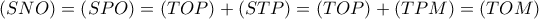 \left( {SNO} \right) = \left( {SPO} \right) = \left( {TOP} \right) + \left( {STP} \right) = \left( {TOP} \right) + \left( {TPM} \right) = \left( {TOM} \right) \left( {SNO} \right) = \left( {SPO} \right) = \left( {TOP} \right) + \left( {STP} \right) = \left( {TOP} \right) + \left( {TPM} \right) = \left( {TOM} \right)