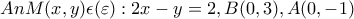 An M(x,y)\epsilon (\varepsilon ):2x-y=2,B(0,3),A(0,-1)