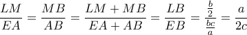 \displaystyle \frac{LM}{EA}=\frac{MB}{AB}=\frac{LM+MB}{EA+AB}=\frac{LB}{EB}=\frac{\frac{b}{2}}{\frac{bc}{a}}=\frac{a}{2c}