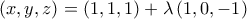 ({x,y,z})=({1,1,1})+\lambda\,({1,0,-1})