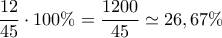 \displaystyle{ \frac{12}{45}\cdot 100 \%= \frac{1200}{45} \simeq 26,67\%}