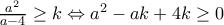 \frac{a^2}{a-4}\geq k\Leftrightarrow a^2-ak+4k\geq 0