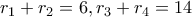r_1​+r_2=6, ​r_3​+r_4​=14