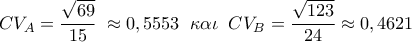  \displaystyle C{V_A} = \frac{{\sqrt {69} }}{{15}}\; \approx 0,5553\;\;\kappa \alpha \iota \;\;C{V_B} = \frac{{\sqrt {123} }}{{24}} \approx 0,4621
