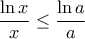 \displaystyle \frac{{\ln x}}{x} \le \frac{{\ln a}}{a} \displaystyle \frac{{\ln x}}{x} \le \frac{{\ln a}}{a}