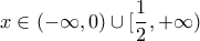 \displaystyle{x\in (-\infty,0)\cup[\frac{1}{2},+\infty)}