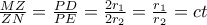 \large \frac{MZ}{ZN}=\frac{PD}{PE}=\frac{2r_{1}}{2r_{2}}=\frac{r_{1}}{r_{2}}=ct