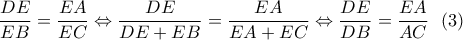 \dfrac{{DE}}{{EB}} = \dfrac{{EA}}{{EC}} \Leftrightarrow \dfrac{{DE}}{{DE + EB}} = \dfrac{{EA}}{{EA + EC}} \Leftrightarrow \dfrac{{DE}}{{DB}} = \dfrac{{EA}}{{AC}}\,\,\,\left( 3 \right)