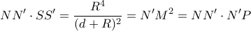 \displaystyle{NN'\cdot SS' =\dfrac{R^4}{(d+R)^2}=N'M^2=NN'\cdot N'P} \displaystyle{NN'\cdot SS' =\dfrac{R^4}{(d+R)^2}=N'M^2=NN'\cdot N'P}