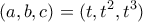 \displaystyle (a,b,c) = (t,{t^2},{t^3})