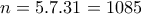 \displaystyle{n=5.7.31=1085}