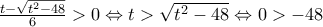 \frac{t- \sqrt{t^2-48}}{6} >0\Leftrightarrow t>\sqrt{t^2-48}\Leftrightarrow 0>-48 \frac{t- \sqrt{t^2-48}}{6} >0\Leftrightarrow t>\sqrt{t^2-48}\Leftrightarrow 0>-48