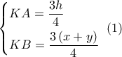 \left\{ \begin{gathered} 
  KA = \dfrac{{3h}}{4} \hfill \\ 
  KB = \dfrac{{3\left( {x + y} \right)}}{4} \hfill \\  
\end{gathered}  \right.\,\,\left( 1 \right)