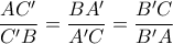 \dfrac{AC'}{C'B}=\dfrac{BA'}{A'C}=\dfrac{B'C}{B'A} \dfrac{AC'}{C'B}=\dfrac{BA'}{A'C}=\dfrac{B'C}{B'A}