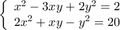 \left\{ \begin{array}{l} 
 x^2  - 3xy + 2y^2  = 2 \\  
 2x^2  + xy - y^2  = 20 \\  
 \end{array} \right.