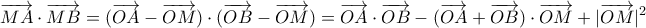 \displaystyle{ \overrightarrow {MA}\cdot \overrightarrow {MB}= ( \overrightarrow {OA}-\overrightarrow {OM}) \cdot ( \overrightarrow {OB}-\overrightarrow {OM}) = \overrightarrow {OA} \cdot \overrightarrow {OB} - ( \overrightarrow {OA}+ \overrightarrow {OB}) \cdot \overrightarrow {OM} + |\overrightarrow {OM}|^2 } \displaystyle{ \overrightarrow {MA}\cdot \overrightarrow {MB}= ( \overrightarrow {OA}-\overrightarrow {OM}) \cdot ( \overrightarrow {OB}-\overrightarrow {OM}) = \overrightarrow {OA} \cdot \overrightarrow {OB} - ( \overrightarrow {OA}+ \overrightarrow {OB}) \cdot \overrightarrow {OM} + |\overrightarrow {OM}|^2 }