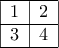 \begin{tabular}{|c|c|} 
\hline  
1 & 2 \\ \hline 
3 & 4 \\ \hline 
\end{tabular}