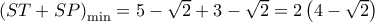 {\left( {ST + SP} \right)_{\min }} = 5 - \sqrt 2  + 3 - \sqrt 2  = 2\left( {4 - \sqrt 2 } \right)