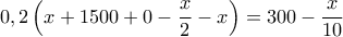  \displaystyle 0,2\left( {x + 1500 + 0 - \frac{x}{2} - x} \right) = 300 - \frac{x}{{10}}