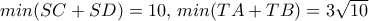  min (SC+SD)=10, \, min(TA+TB)= 3\sqrt {10}