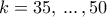 k=35,\,...\, , 50