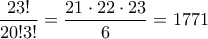 \dfrac{23!}{20!3!}=\dfrac{21 \cdot 22 \cdot 23}{6}=1771