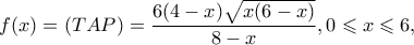 \displaystyle f(x) = (TAP) = \frac{{6(4 - x)\sqrt {x(6 - x)} }}{{8 - x}},0 \leqslant x \leqslant 6,