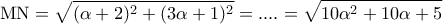 \displaystyle{{\rm M}{\rm N} = \sqrt {(\alpha  + 2)^2  + (3\alpha  + 1)^2 }  = .... = \sqrt {10\alpha ^2  + 10\alpha  + 5} }