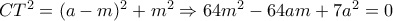 CT^2=(a-m)^2+m^2 \Rightarrow 64m^2-64am+7a^2=0