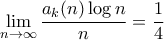 \displaystyle  \lim_{n \to \infty} \frac{a_k(n)\log{n}}{n} = \frac{1}{4}