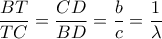 \dfrac{BT}{TC} = \dfrac{CD}{BD}= \dfrac{b}{c}= \dfrac{1}{ \lambda } \dfrac{BT}{TC} = \dfrac{CD}{BD}= \dfrac{b}{c}= \dfrac{1}{ \lambda }