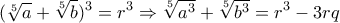 \displaystyle{(\sqrt[5]{a}+\sqrt[5]{b})^3 =r^3 \Rightarrow \sqrt[5]{a^3}+\sqrt[5]{b^3}=r^3 -3rq}