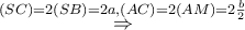 \mathop  \Rightarrow \limits^{\left( {SC} \right) = 2\left( {SB} \right) = 2a,\left( {AC} \right) = 2\left( {AM} \right) = 2\frac{b}{2}}