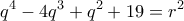 \displaystyle{{q^4} - 4{q^3} + {q^2} + 19 = {r^2}}