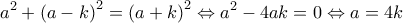  \displaystyle {a^2} + {\left( {a - k} \right)^2} = {\left( {a + k} \right)^2} \Leftrightarrow {a^2} - 4ak = 0 \Leftrightarrow a = 4k