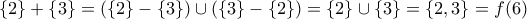 \displaystyle{\left\{2\right\}+\left\{3\right\}=\left(\left\{2\right\}-\left\{3\right\}\right)\cup\left(\left\{3\right\}-\left\{2\right\}\right)=\left\{2\right\}\cup\left\{3\right\}=\left\{2,3\right\}=f(6)} \displaystyle{\left\{2\right\}+\left\{3\right\}=\left(\left\{2\right\}-\left\{3\right\}\right)\cup\left(\left\{3\right\}-\left\{2\right\}\right)=\left\{2\right\}\cup\left\{3\right\}=\left\{2,3\right\}=f(6)}