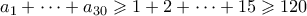 a_1 + \cdots + a_{30} \geqslant 1+2+\cdots+15 \geqslant  120