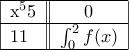 \begin{tabular}{ |l||c| } 
\hline 
  x^55 & 0  \\ 
\hline 
  11 & \int_0^2 f(x)  \\ 
\hline 
\end{tabular}