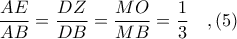 \displaystyle \frac{AE}{AB} = \frac{DZ}{DB} = \frac{MO}{MB} = \frac{1}{3}\ \ \ ,(5) \displaystyle \frac{AE}{AB} = \frac{DZ}{DB} = \frac{MO}{MB} = \frac{1}{3}\ \ \ ,(5)